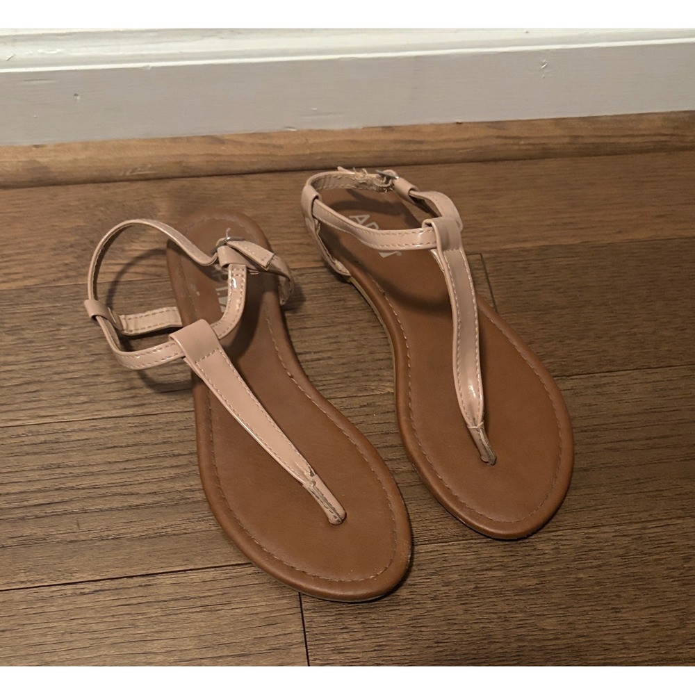 APT 9. Womens T-Strap Flat Sandals Nude Patent Ankle Strap Buckle Shoes